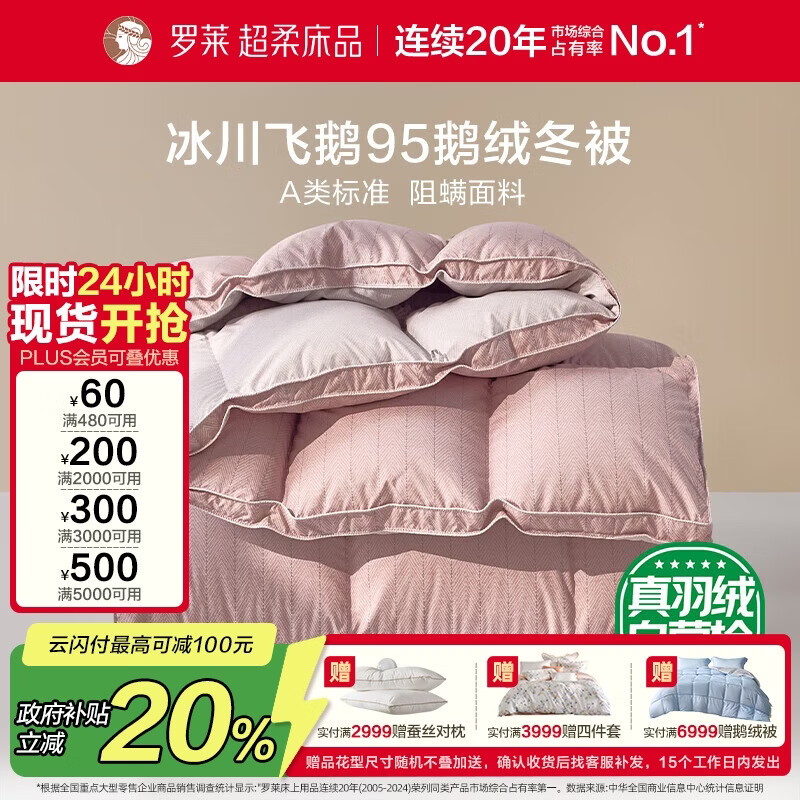 罗莱家纺 羽绒被 A类95%水洗鹅绒被子保暖冬被芯 约5.2斤粉