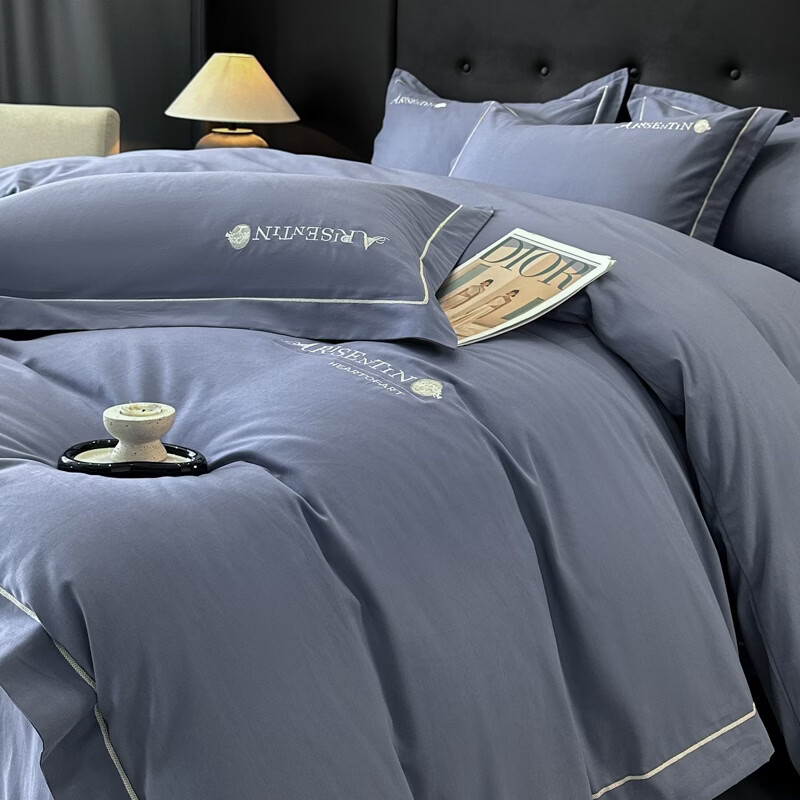 ROLAND LIVE轻奢高级感加厚全棉磨毛四件套透气秋冬被套床单三件套床上用品 PS 全棉磨毛套件-邂逅巴黎蓝 小号 床单款 【被套160*210cm】