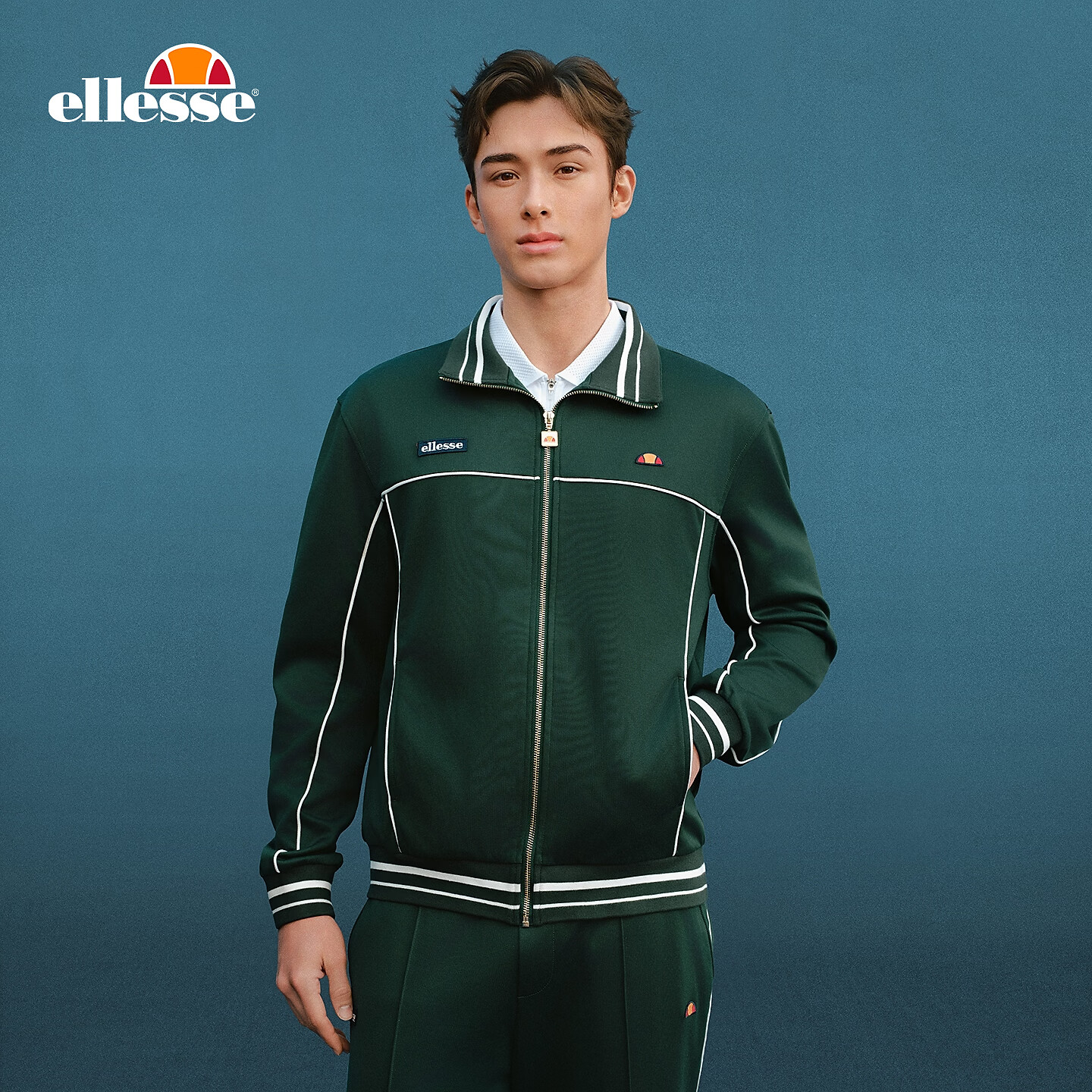 ellesse小贝壳26春季新品网球服老钱风外套复古运动卫裤套装男 深林绿-外套 M