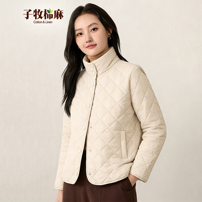 子牧棉麻秋冬装 女轻薄款棉服圆领短款时尚菱形格外套1507 杏色 XL (建议125-140斤)