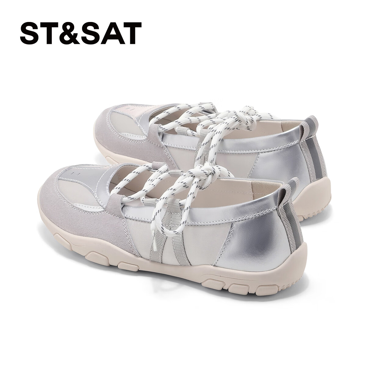 星期六(St&Sat)2026春季新款浅口复古单鞋网面百搭透气绑带软底豆豆芭蕾舞鞋子女 银色 37