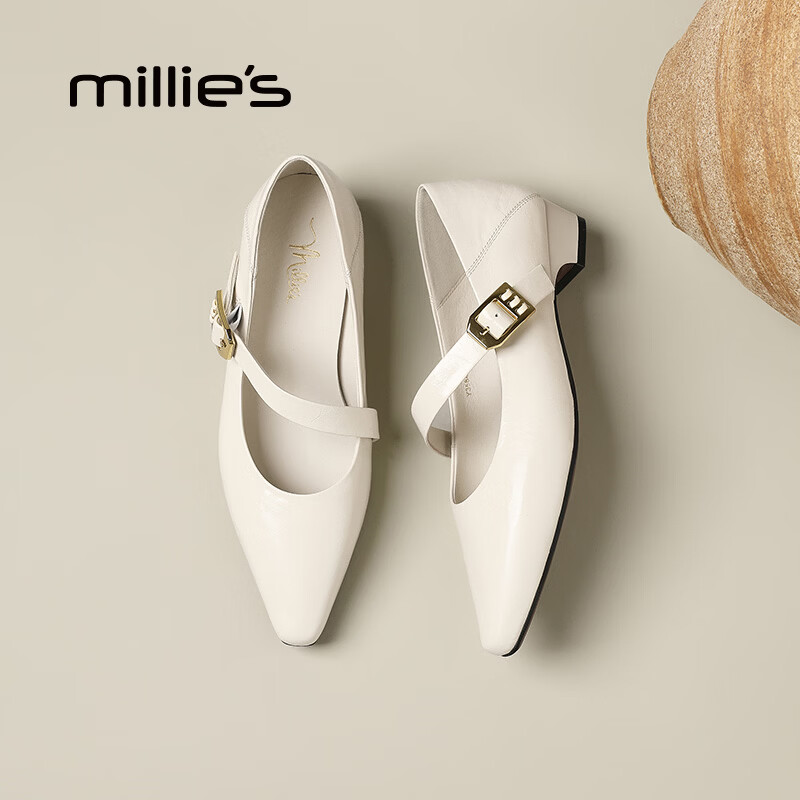 妙丽（Millies）玛丽珍鞋女粗跟时尚浅口潮流气质2026春季新款百搭配裙子单鞋 米色 36 (230mm) 标准码