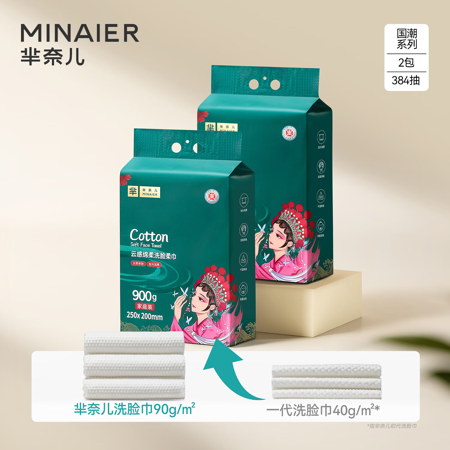 芈奈儿一次性洗脸巾壁挂式国潮系列加厚绵柔巾母婴可用卸妆洗面洁面巾 2提*【加大加厚90g/㎡】共1800g