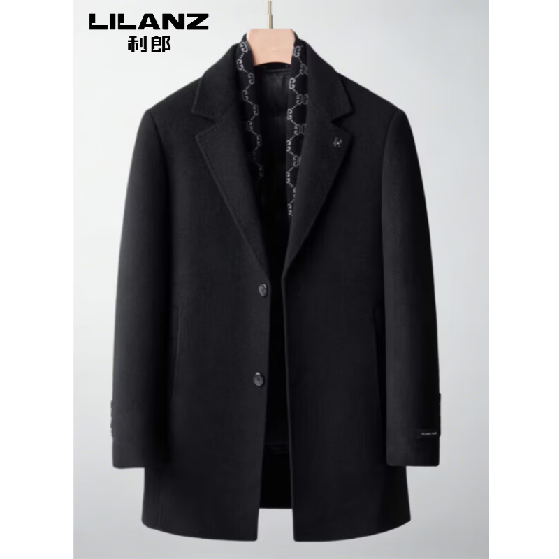LILANG利郎冬季羽绒内胆双面呢大衣男羊绒中长款羊毛呢子外套毛呢厚 黑色 4XL 195