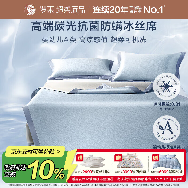 罗莱家纺 A类冰丝席【可机洗】抗菌防螨凉席床笠款三件套蓝150*200*30