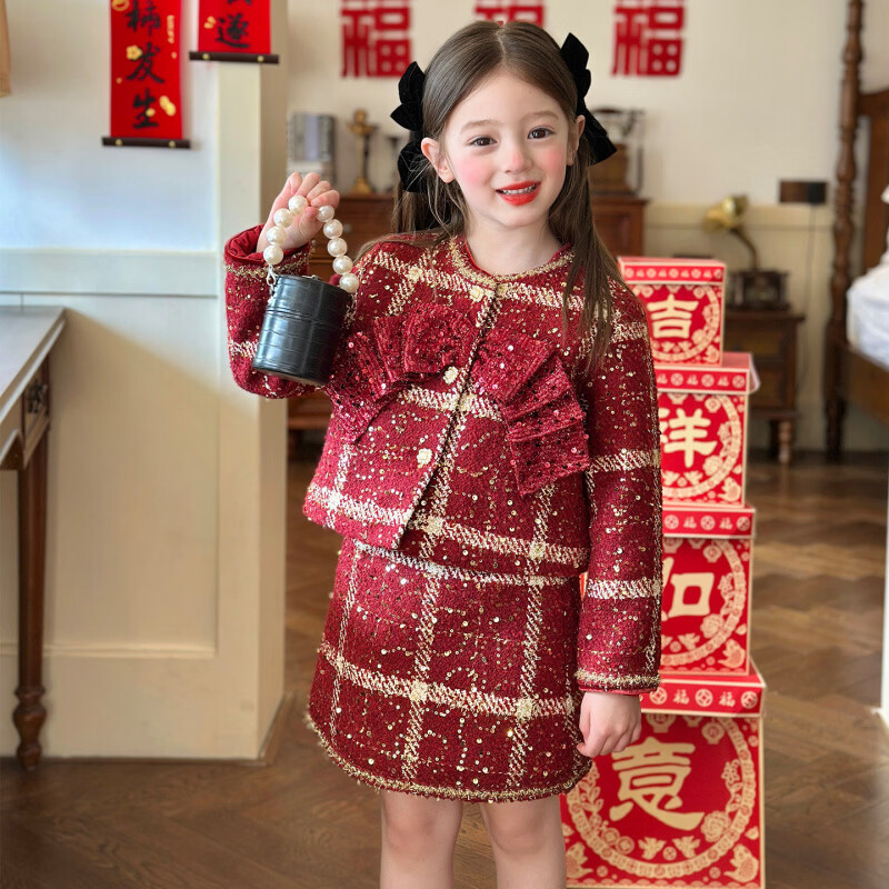 栀了成长记女童装红色小香风亮片套装2025冬季儿童加厚新年两件套 红色 100 cm