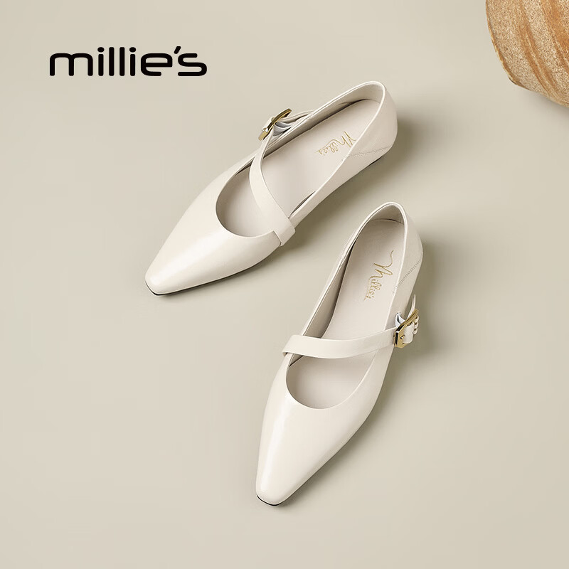 妙丽（Millies）玛丽珍鞋女粗跟时尚浅口潮流气质2026春季新款百搭配裙子单鞋 米色 36 (230mm) 标准码