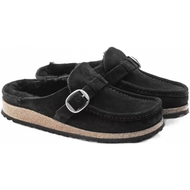 BIRKENSTOCK勃肯鞋女全羊毛襯里毛絨拖鞋辦公室休閑鞋可調(diào)節(jié)鞋帶戶外半拖鞋 Black 黑色 35 =W4-4.5/M2-2.5