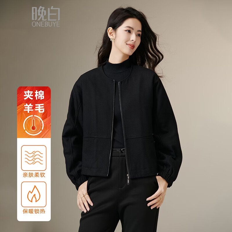 晚白【断码清仓】冬款时尚羊毛夹棉圆领拉链外套宽松百搭通勤夹克女 黑色 M