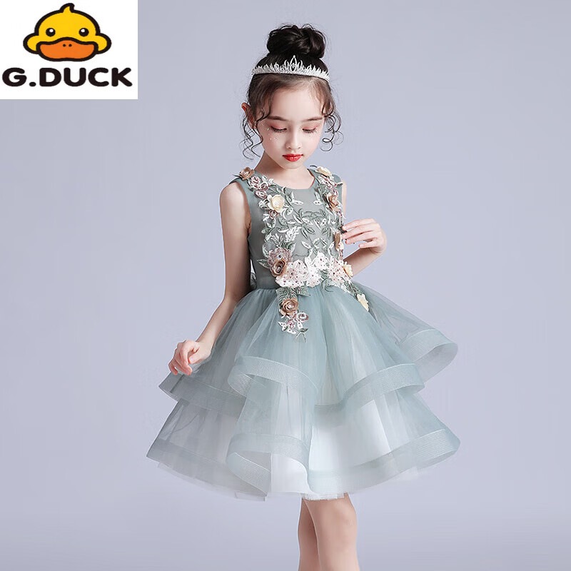 G.duck儿童礼服公主裙夏装花童生日走秀六一演出服蓬蓬沙蛋糕裙女连衣裙 白色 160 cm