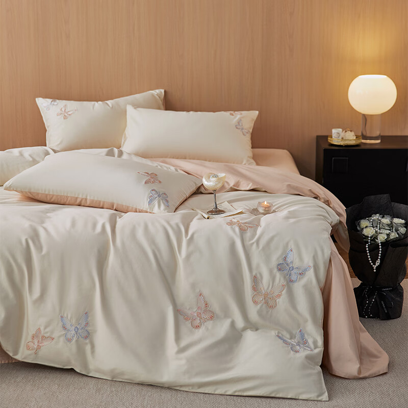 ROLAND LIVE春夏A类长绒棉刺绣四件套蝴蝶刺绣全棉被套床单床上用品三件套 JCZY 长绒棉四件套-庄周梦蝶粉 1.2米床 床单款 【被套150*200cm】