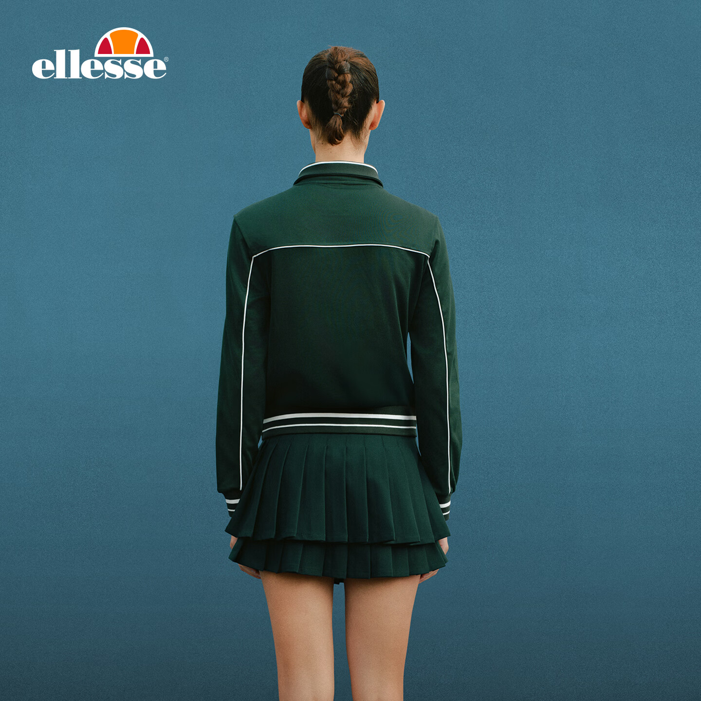 ellesse小贝壳26春季新品网球服老钱风外套复古运动半裙套装女 深林绿-半裙 M