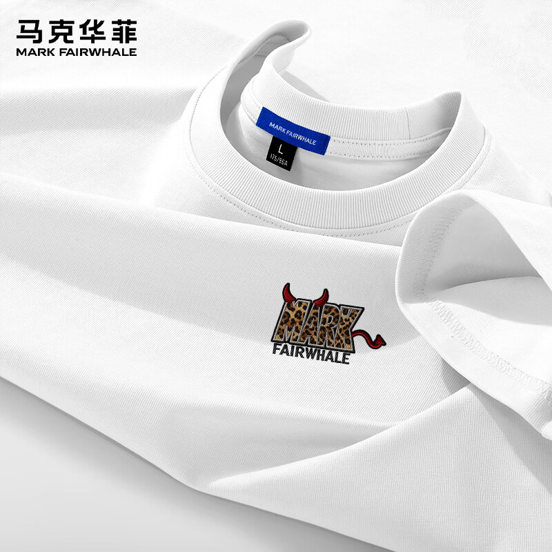 马克华菲（MARK FAIRWHALE）夏季休闲t恤男短袖220克重磅纯棉宽松圆领趣味小恶魔胸标打底衫男 白#JMK豹纹小恶魔 XL
