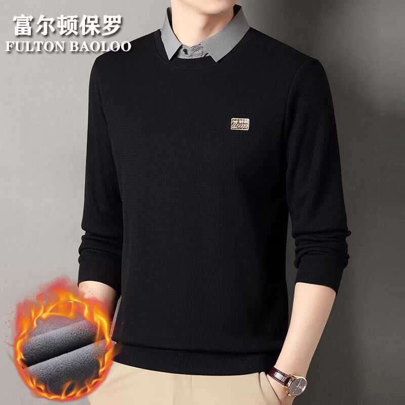 FULTON BAOLOO 富尔顿保罗男士卫衣冬季加绒加厚保暖衬衫领打底衫中青年品牌假两件长袖T恤 黑色加绒 M （建议100到120斤穿）