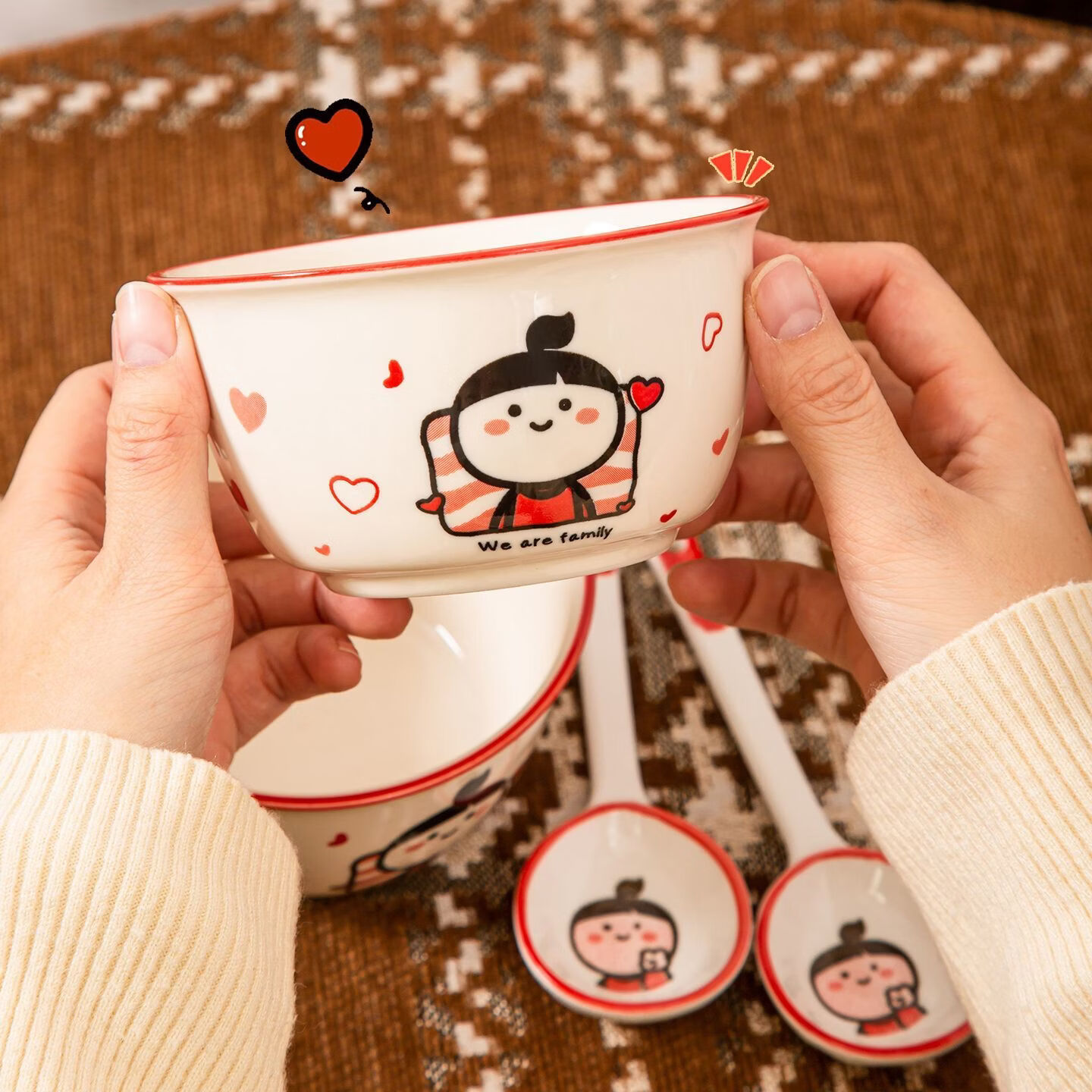 利尼恩高颜值釉下彩陶瓷碗菜盘子家用餐具可爱卡通个人专用饭碗 【4个装】4.5英寸碗 【卡通小蒄】