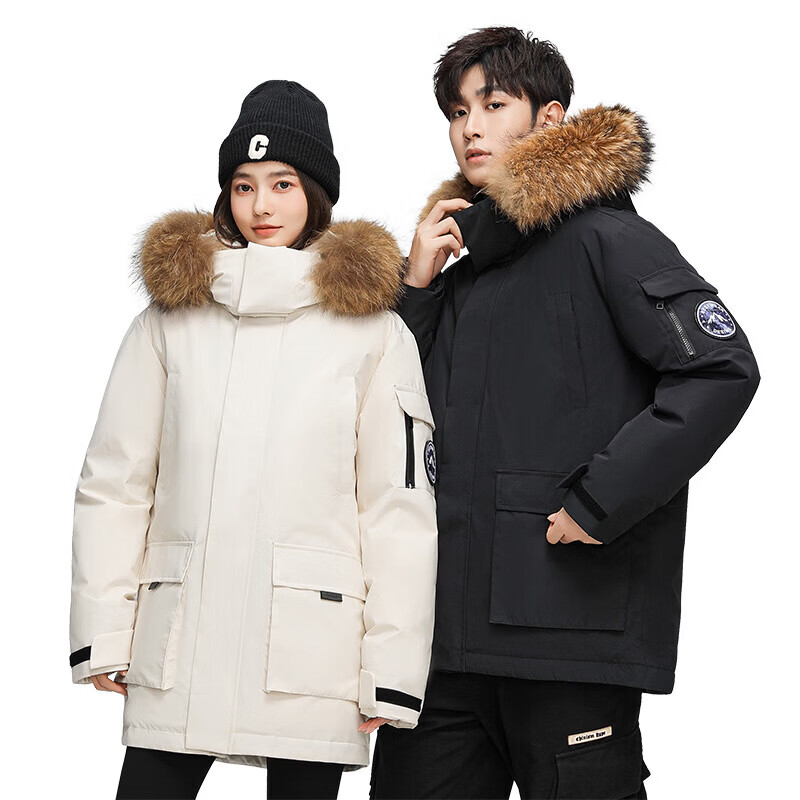 国际标准羽绒服（已质检）骆驼工装潮牌高品质国标服男中长款大毛 黑色 3XL