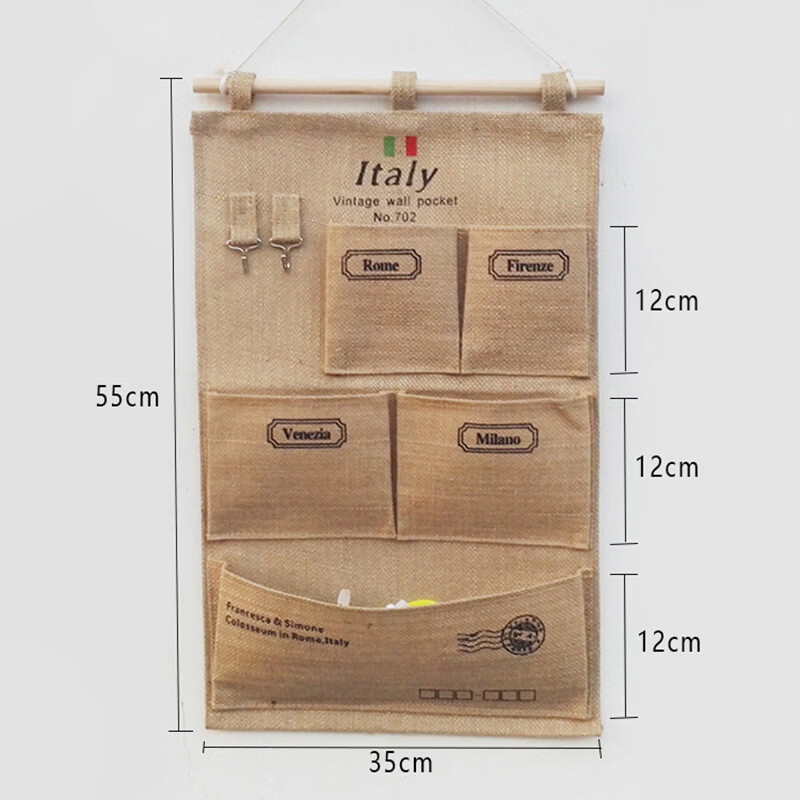 布艺多层储物袋黄麻怀旧复古收纳袋宿舍门后床头衣柜壁挂式整理袋 黄麻邮章三兜