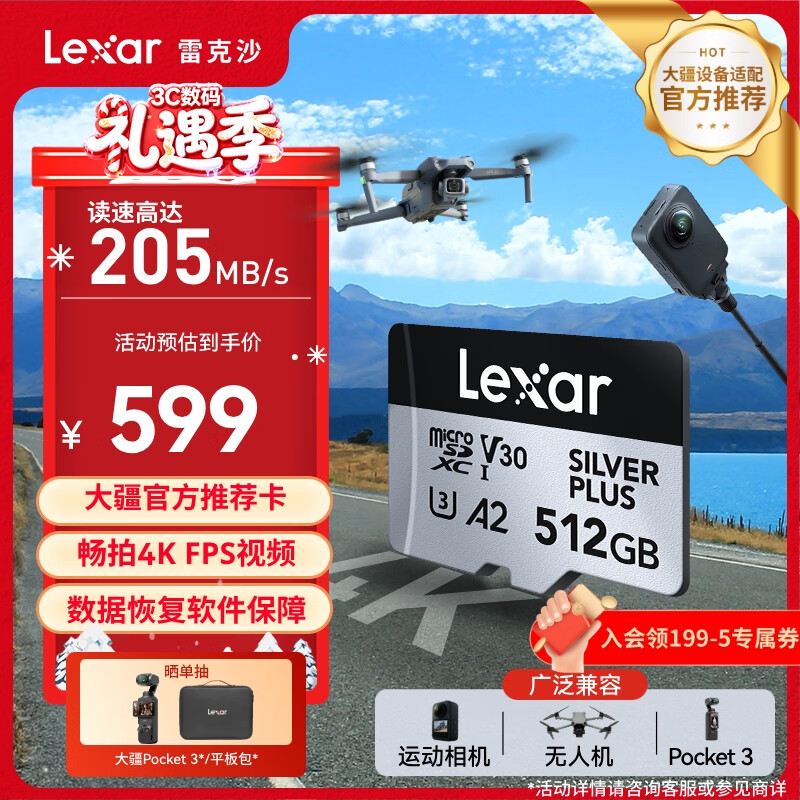 雷克沙（Lexar）512GB TF(MicroSD)存储卡 V30 读205MB/s 大疆无人机运动相机Pocket3官方推荐内存卡(SILVER PLUS)
