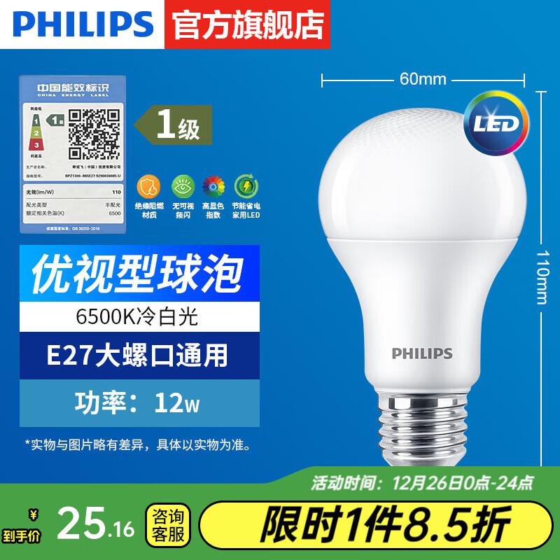 �����֣�PHILIPS��LED���ݽ��ܵƳ������ݹ�ԴE27���ݿڵ��ε�����滻�׳�Ƴ��� 1����Ч-������12W6500K E27�ݿ�