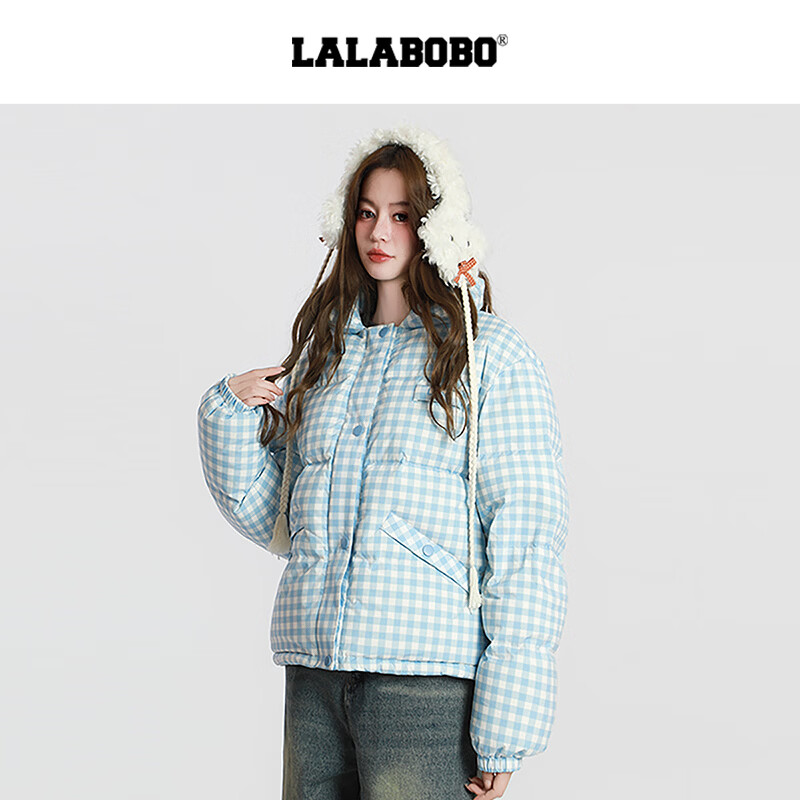 LALABOBO【商场同款】白鸭绒羽绒服25年冬新潮原创格子外套女RBED-WSYR16 深蓝 S