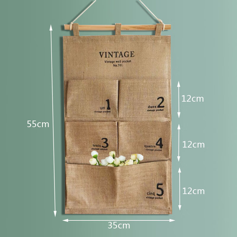 雯尔雅挂式黄麻收纳袋宿舍门后多层储物袋寝室杂物装饰整理袋复古风挂袋 黄麻小四兜