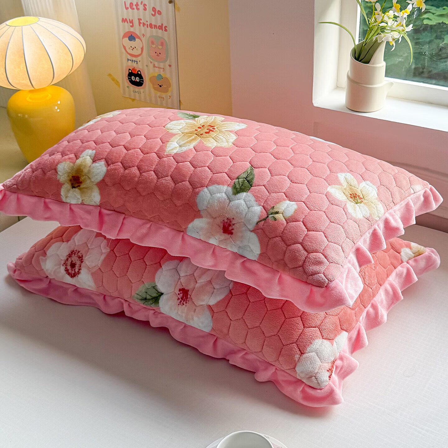 【精选厂家】A类高克重牛奶绒加厚枕套 秋冬季法兰绒单人枕芯套内 牡丹粉【加绒加厚/防静电】 枕套一对48*74cm