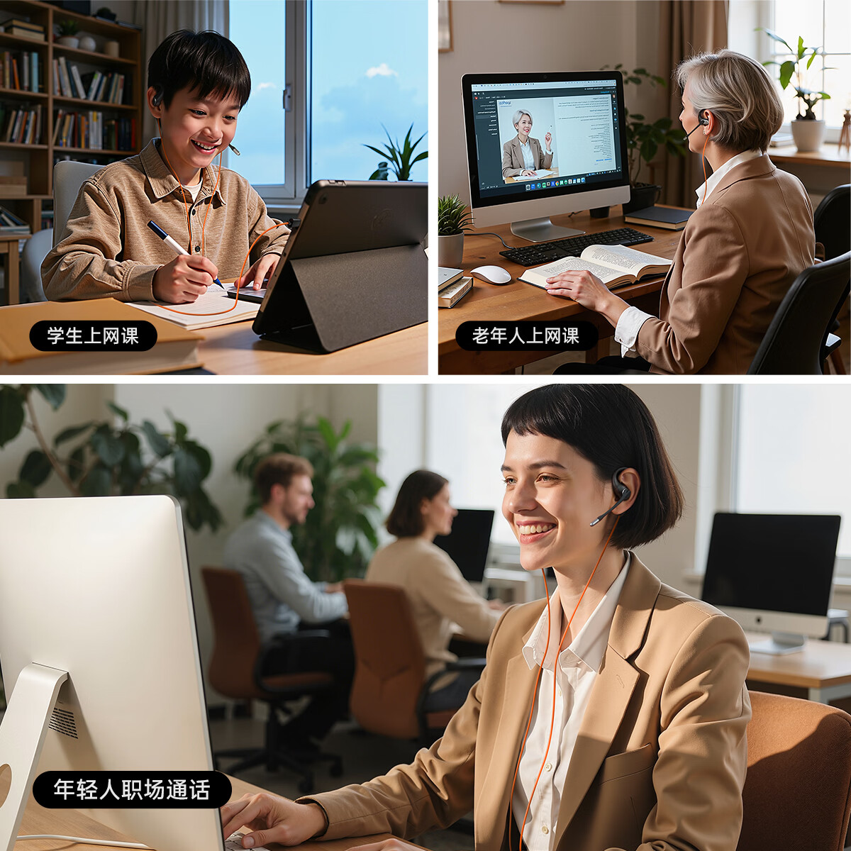 OpenRockLink10带麦高清通话有线开放式耳机上网课学生学习专用四六级无延迟办公会议游戏便捷手机通用 熔岩橙