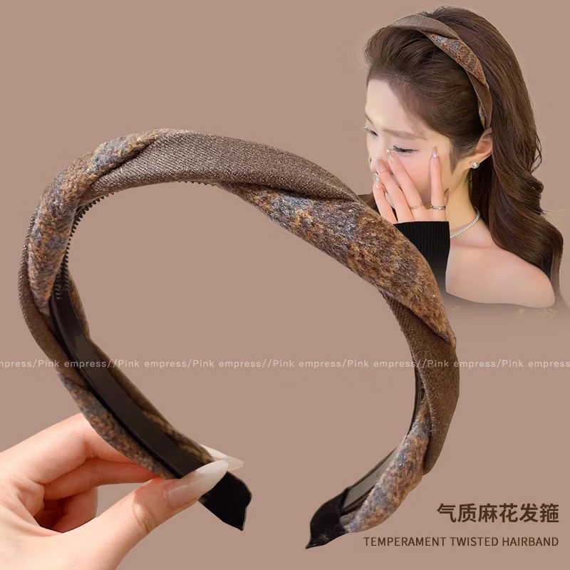 【厂家直发】秋冬麻花发箍女高颅顶洗脸头箍不勒头头饰发捆日常外 6#棕斜纹+黑斜纹-2件