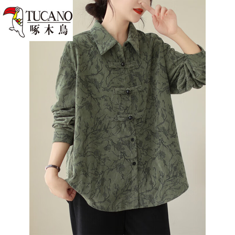 啄木鸟（TUCANO）新中式复古盘扣棉质印花衬衫外套女春秋宽松大尺码长袖开衫妈M妈 绿色 XL 【建议120-140斤】