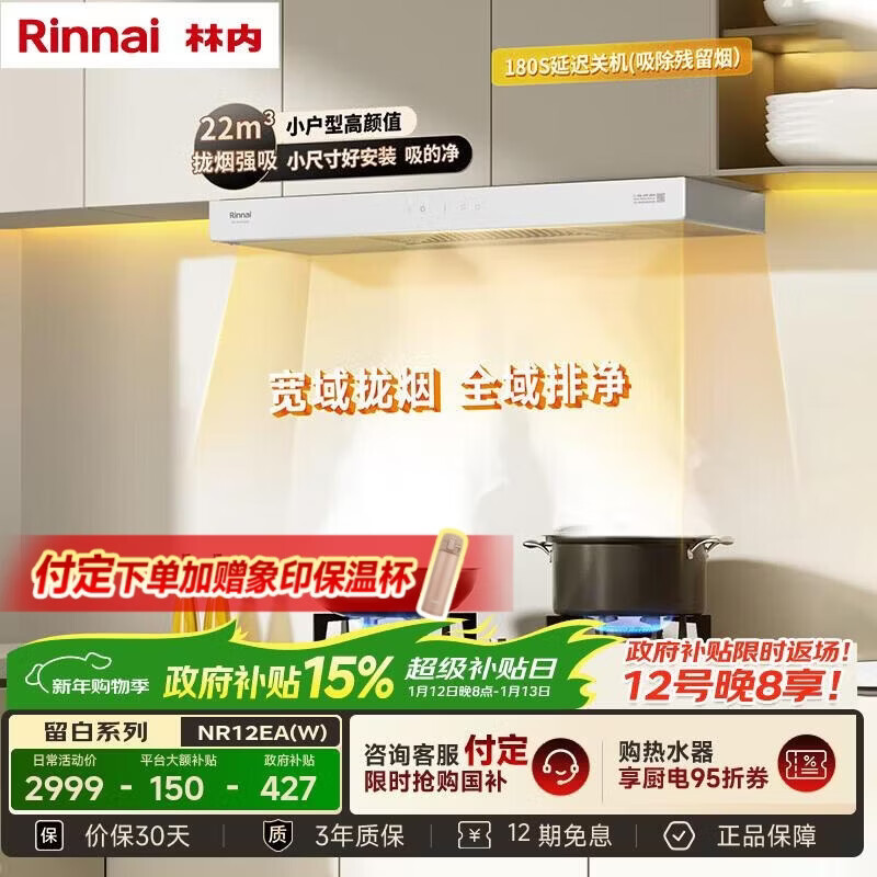 林内(Rinnai)油烟机【留白】欧式顶吸白色抽油烟机22m³大吸力小户型一级能效 NR12EA(W)