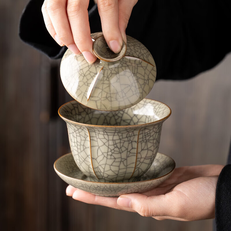 韵化【精选直发】汝窑三才盖碗开片铁线单个高档可养家用泡茶茶碗礼盒 密釉绿三才盖碗