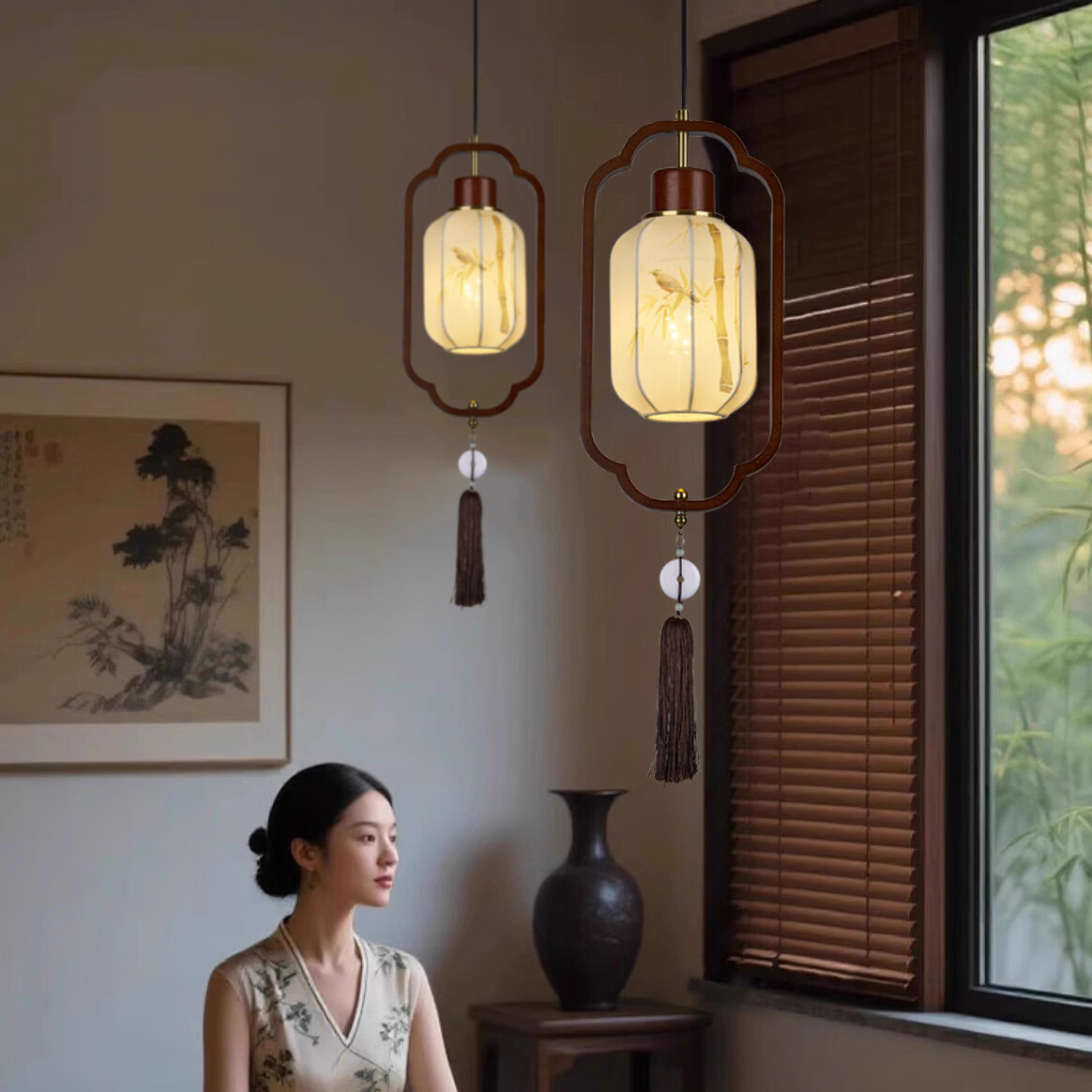 2026新款宋代美学新中式中古风卧室床头吊灯玄关过道灯笼仿古灯 三色变光【全光谱护眼光源】