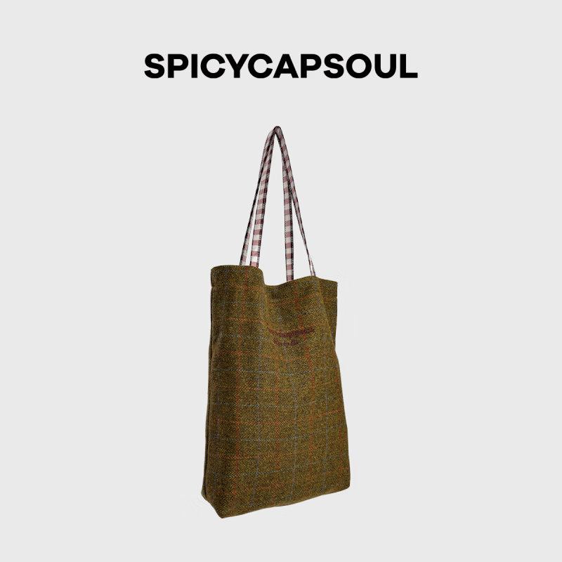 SPICYCAPSOUL【费尔岛】池金物原创双面羊毛呢子格纹单肩布袋托特包 【费尔岛】