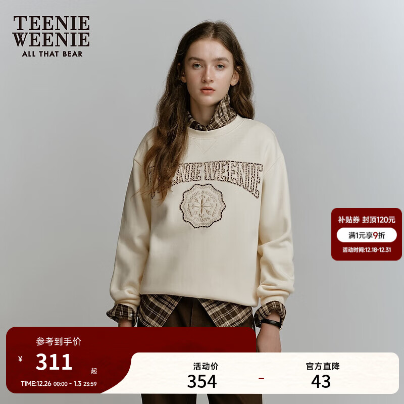 Teenie Weenie小熊冬季简约休闲加绒圆领套头卫衣宽松时髦上衣女装 乳白色 L (170)