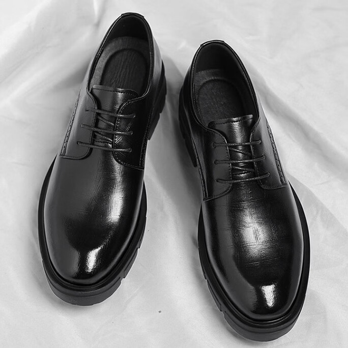 Walker Shop品牌皮鞋男款内增高男士皮鞋2026商务高端休闲真皮英伦正装鞋子男 黑色【隐形内增高8cm】 38