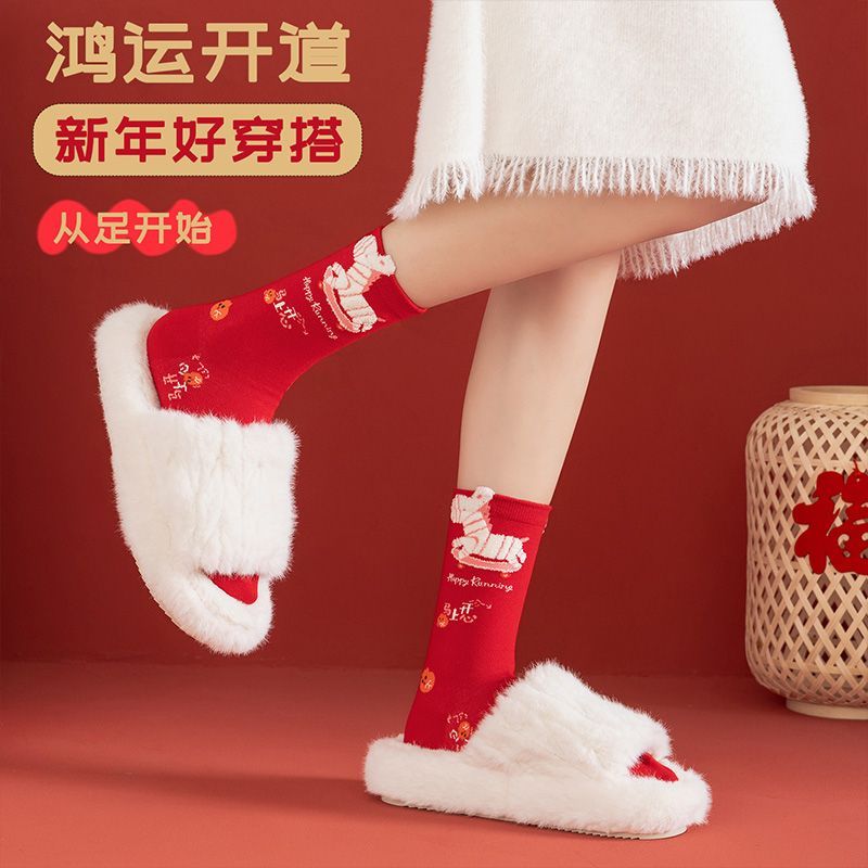 小棉工本命年红袜子女马年卡通大红色喜庆袜中筒袜新婚一对袜子新年礼物 每双1块多】五色各二【共10双】 均码 小棉工 10A抑菌/高弹透气/抗起球