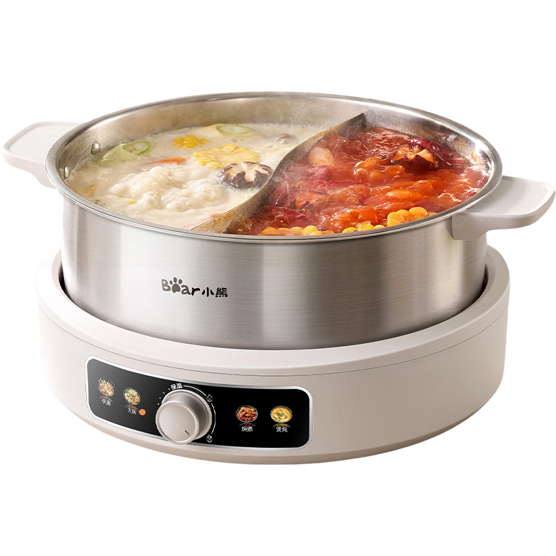 小熊（Bear）0涂层电火锅 鸳鸯锅火锅专用锅家用5-8个人分体可拆洗多功能锅电热锅不锈钢电煮锅6L火锅锅W60S6