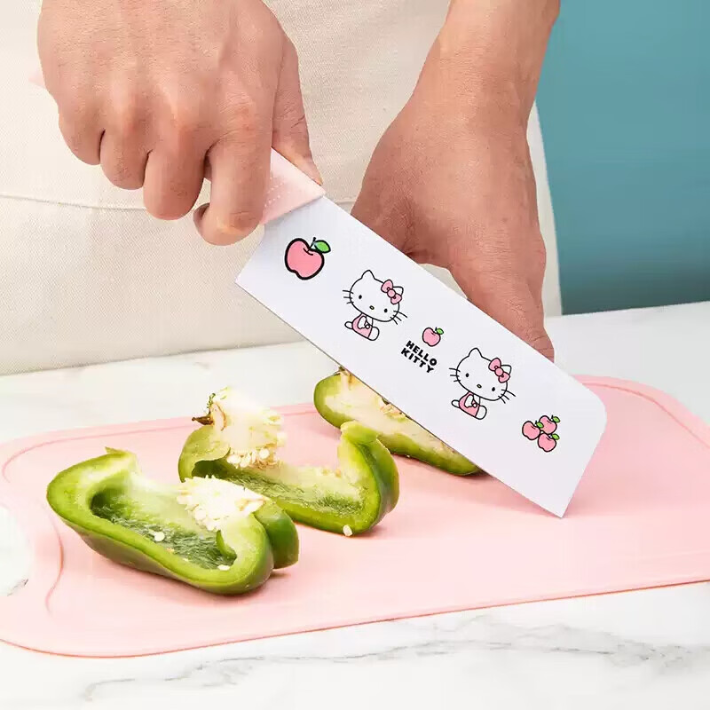 【精选厂家】HelloKitty厨房菜刀菜板组合套装宿舍家用切菜切肉刀 【粉色】卡通猫咪-超值7件套