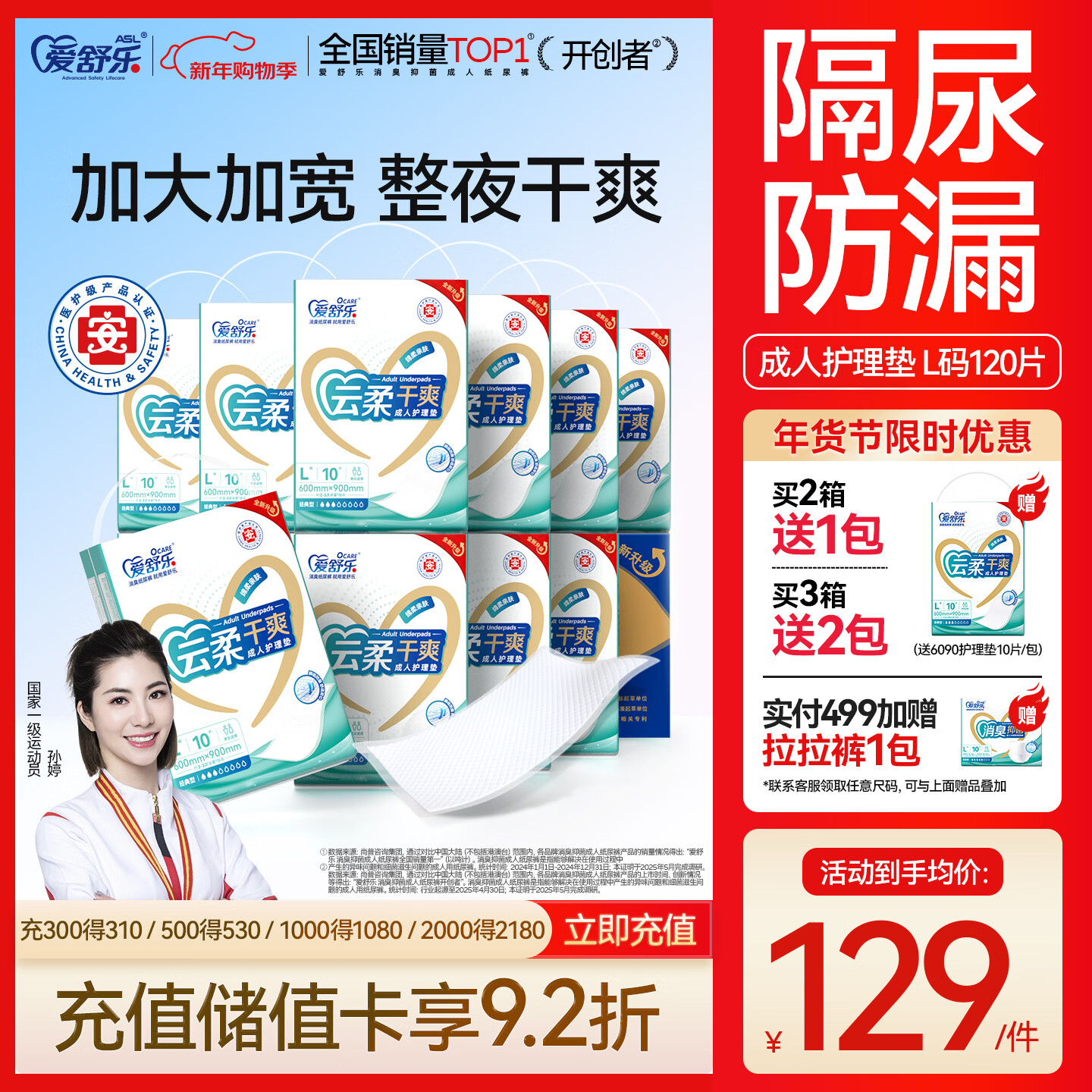 爱舒乐成人护理垫L120片(尺寸:60*90cm)云柔干爽老年人隔尿垫孕妇产褥垫