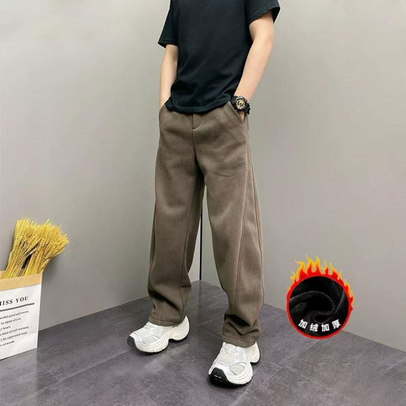 2025新款冬季加绒简约百搭弯刀休闲裤男士宽松显瘦直筒运动裤CLQ 卡其加绒 2XL （150-170斤）