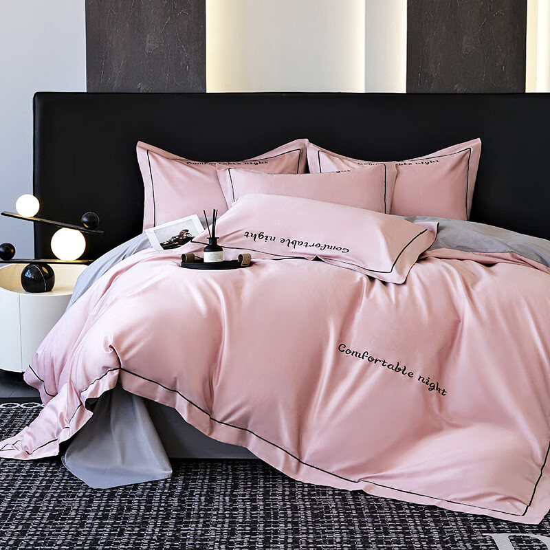 水星家纺床上四件套纯棉高端轻奢A类被套罩长绒棉贡缎床单床笠款床品 奶茶+浅灰 1.8m 床笠款 被套加大四件套 【被套220x240cm】