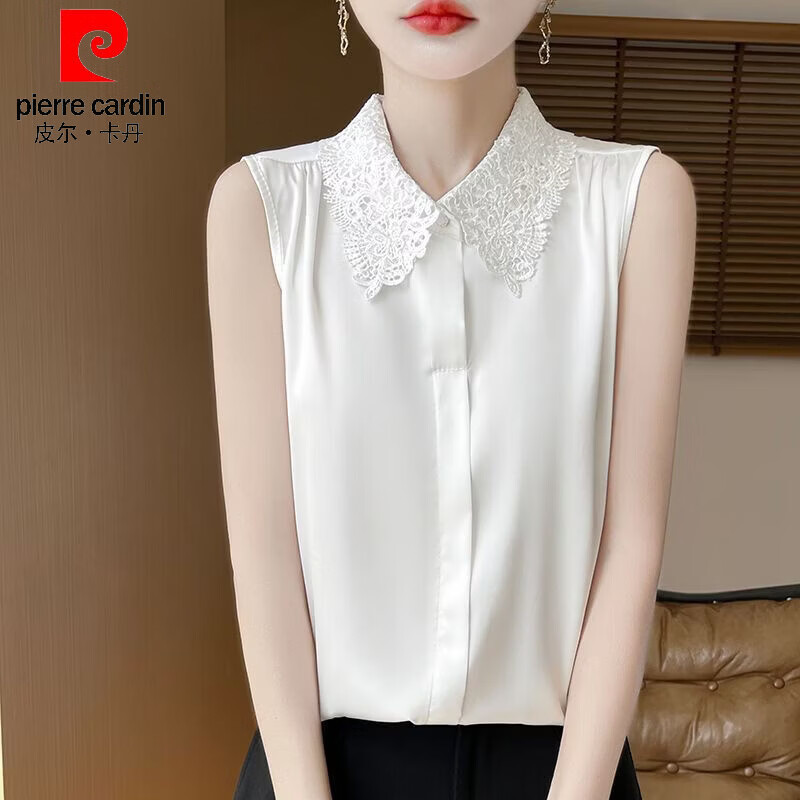 皮尔卡丹（pierre cardin）翻领无袖高级感蕾丝花边镂空翻领无袖衬衫气质百搭打底上衣女 白色 L