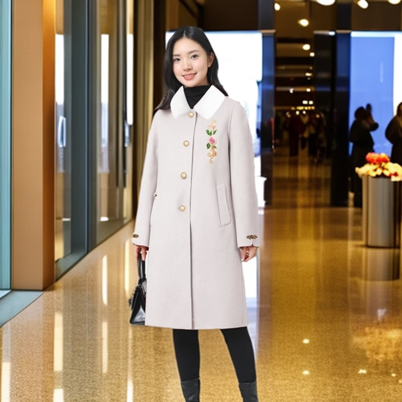 全毛双面呢中长女装大衣发明专利产品全品类春秋冬三季适用毛呢类 红色2， 厚款， 喜欢胸花下单请备注 2XL 165-170 建议净胸围96CM在毛衣外穿