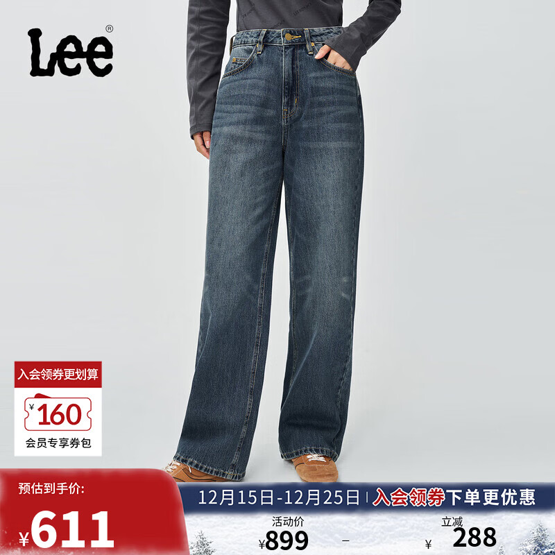 Lee商场同款25秋冬新428舒适高腰直脚中蓝女牛仔裤 中蓝色  28 