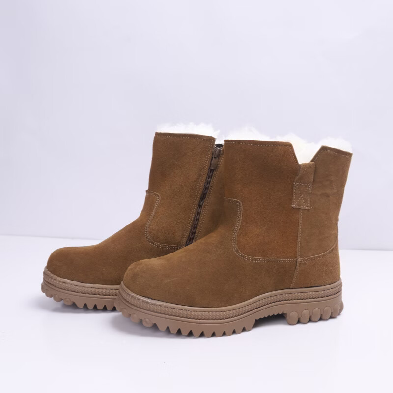 拉链羊毛雪地靴男皮毛一体防滑鞋靴保暖加绒加厚羊毛靴户外高筒靴 【单拉链】牛皮羊毛靴加厚款 45 定制款