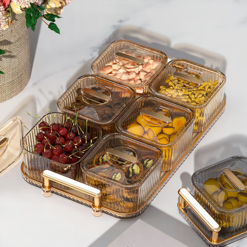 馨婺家四宫格干果盘轻奢水果盘家用客厅茶几零食坚果收纳盒子糖果摆放盘 琥珀金-带托盘【3格带盖】