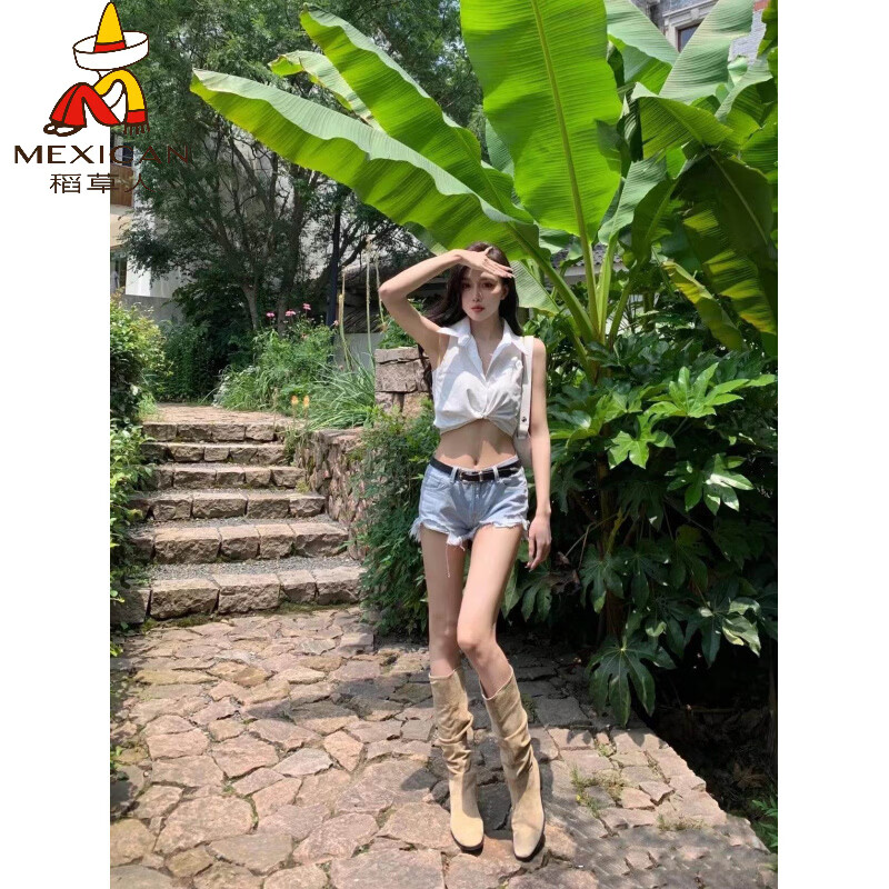 稻草人（MEXICAN）堆堆靴女长筒靴西部高筒靴骑士靴粗跟绒面复古方头牛仔靴加绒长靴 卡其色 单里-跟高3cm 35