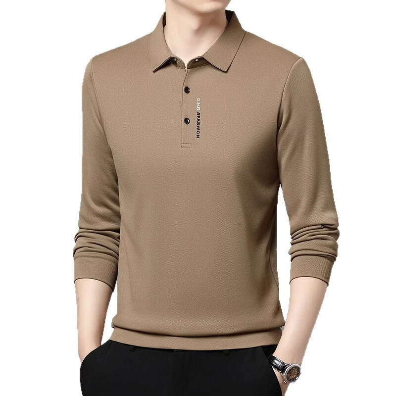 WAMLBN秋冬季男士长袖加绒中年翻领打底polo衫爸爸装 卡其 L 170/【建议115-130斤】