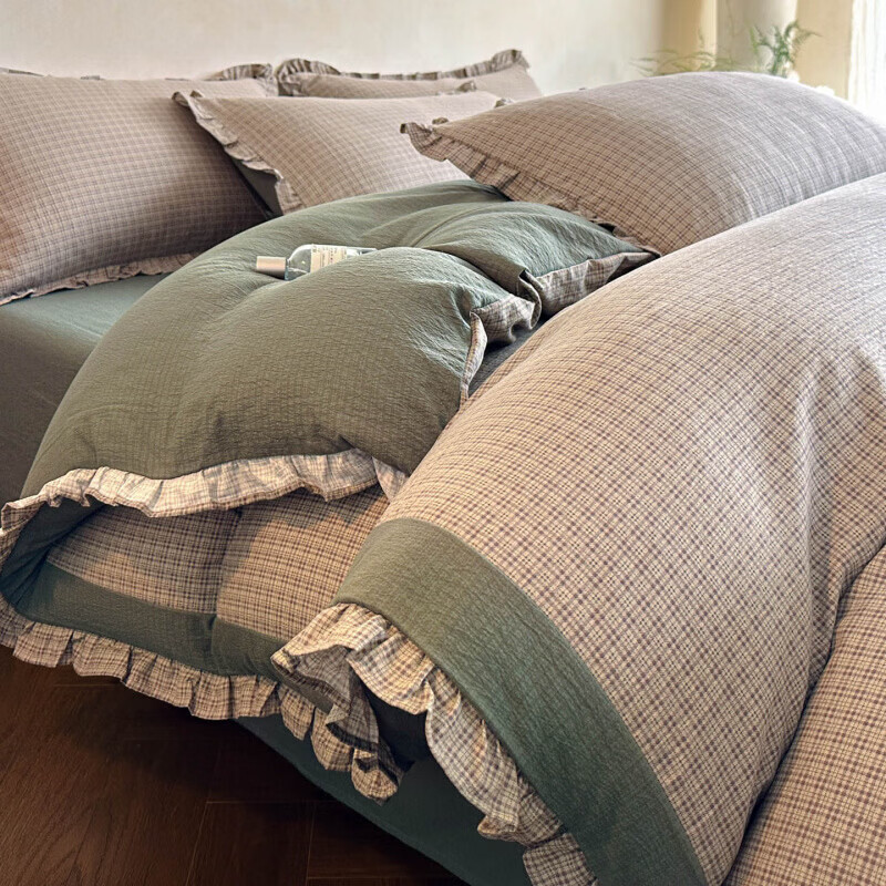 水星家纺床上四件套纯棉床单被套印花边亲肤棉裸睡四季床上用品 往事-深灰色 床单款 2.0m四件套