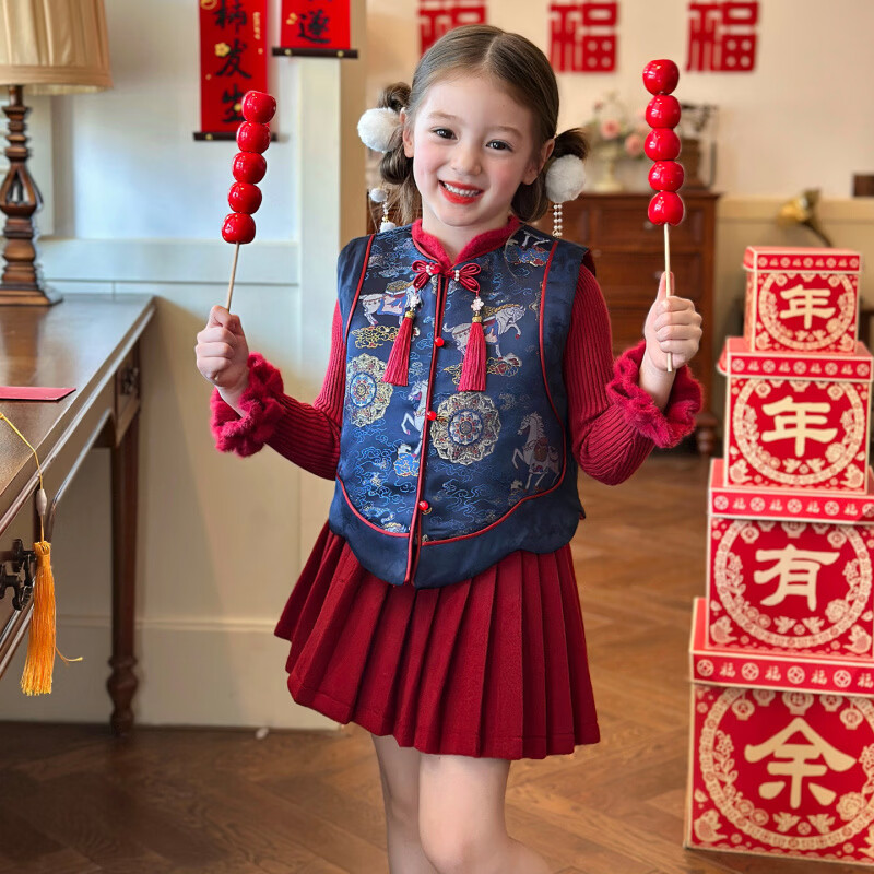 栀了成长记童装女童国风拜年服套装2025冬季儿童新中式加厚两件套 蓝色 夹棉马甲 100 cm